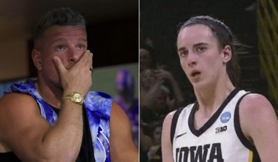 Pat McAfee, left, attempted to defend WNBA rookie Caitlin Clark, right, on his show on Monday, but he is now facing criticism for his language.