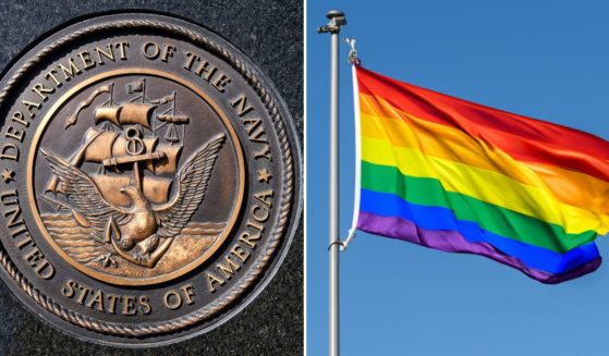 the U.S. Navy seal and a rainbow LGBTQ flag