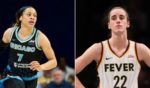 Chennedy Carter of the WNBA's Chicago Sky, left, in a May file photo; Caitlin Clark of the Indiana Fever, right, in a game Sunday in New York City.