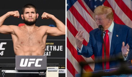 (L) Khabib Nurmagomedov of Russia poses on the scale during the UFC 254 weigh-in on October 23, 2020 on UFC Fight Island, Abu Dhabi, United Arab Emirates. (R) Former President and Republican Presidential candidate Donald Trump speaks during a press conference at Trump Tower on May 31, 2024 in New York City.