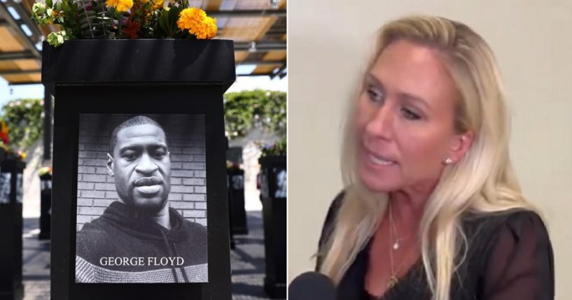 A photograph of George Floyd, left, is displayed at a memorial in San Diego, California, in July 2021; U.S. Rep. Marjorie Taylor Greene is pictured in a Monday interview in the Capitol, right.