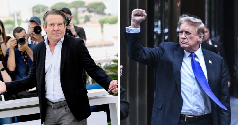 (L) Dennis Quaid attends the "The Substance" Photocall at the 77th annual Cannes Film Festival at Palais des Festivals on May 20, 2024 in Cannes, France. (R) Former U.S. President Donald Trump arrives at Trump Tower on May 30, 2024 in New York City.