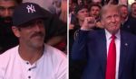 (L) This X screen shot shows New York Jets quarterback Aaron Rodgers while he was attending UFC 302 at the Prudential Center in Newark, NJ, on June 1, 2024. (R) This X screen shot shows former U.S. President Donald Trump attending the same event.