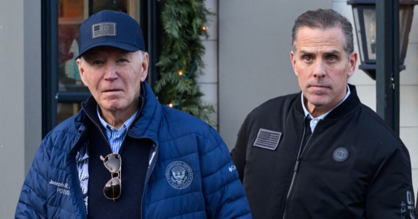 President Joe Biden and son Hunter Biden stepping out of a bookstore while shopping in Nantucket, Massachusetts on November 29, 2024.