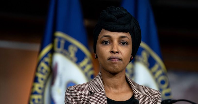 Rep. Ilhan Omar (D-MN) looks on during a news conference on reintroducing the Neighbors Not Enemies Act on Capitol Hill on January 22, 2025 in Washington, DC.