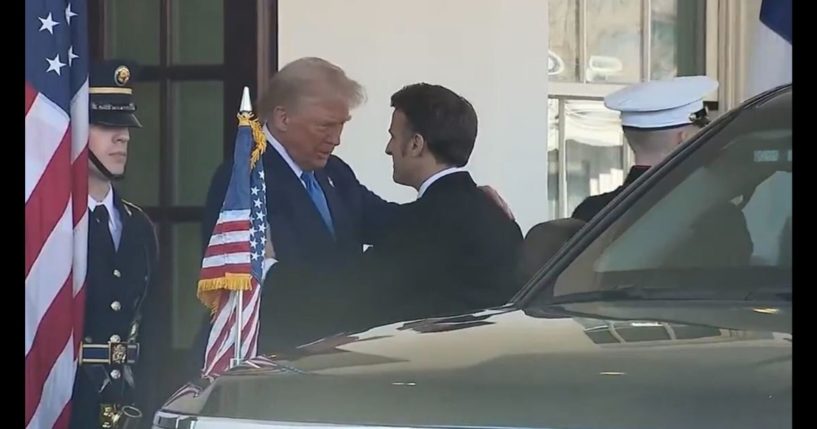 French President Emmanuel Macron and U.S. President Donald Trump shake hands at the White House on Feb. 24, 2025.
