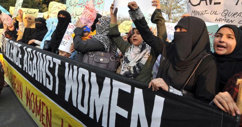 Supporters of Tehrik-e-Minhaj ul Quran, an Islamic Organisation protest against "honour killings" of women in Lahore on November 21, 2008.