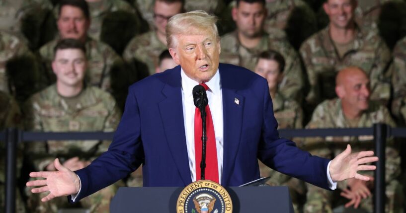 President Donald Trump speaks during a visit with Michigan Air National Guard troops on April 29 at Selfridge Air National Guard Base, Michigan.