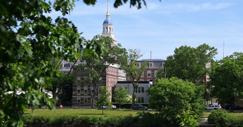 The spire of a residential house stands over Harvard University in Cambridge, Massachusetts, on May 27.