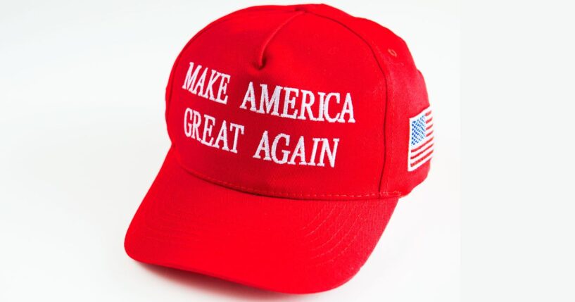 This photo illustration depicts a Donald Trump MAGA hat in London, England.