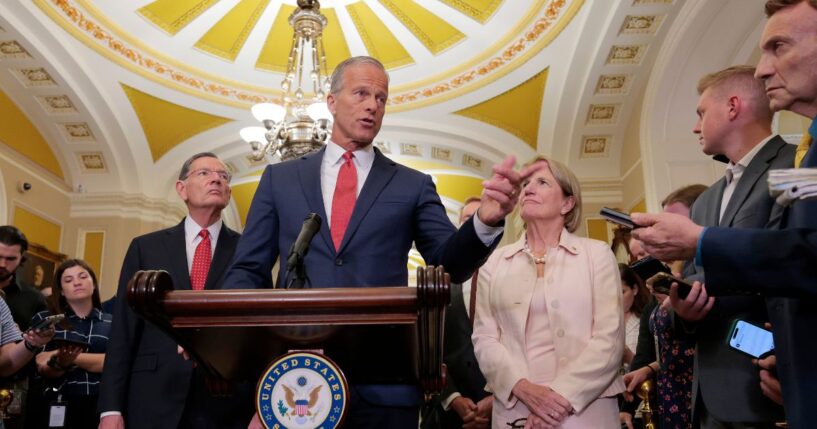 Senate Majority Leader John Thune, a Republican from South Dakota, speaks during a news conference following the weekly Senate Republican policy luncheon at the U.S. Capitol on June 17, 2025, in Washington, D.C.