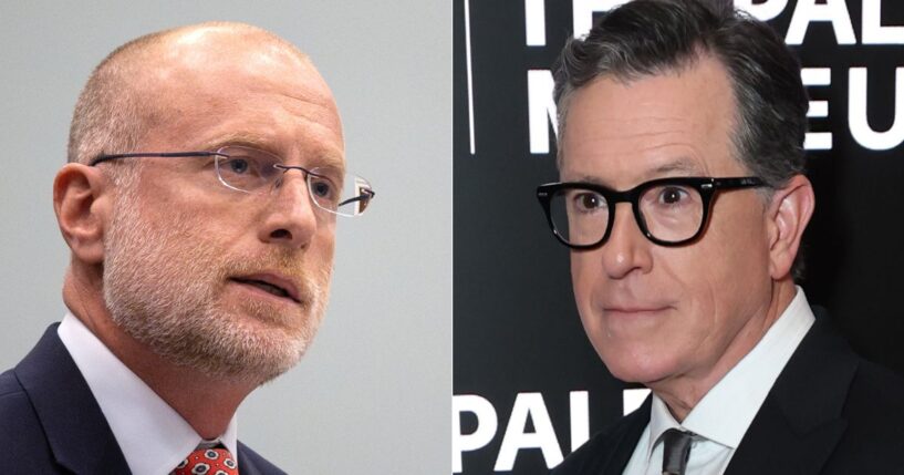 Federal Communications Commission Chairman Brendan Carr, left, called out Democrats who are complaining about the firing of Stephen Colbert, right, claiming they are upset because they lost a liberal mouthpiece.