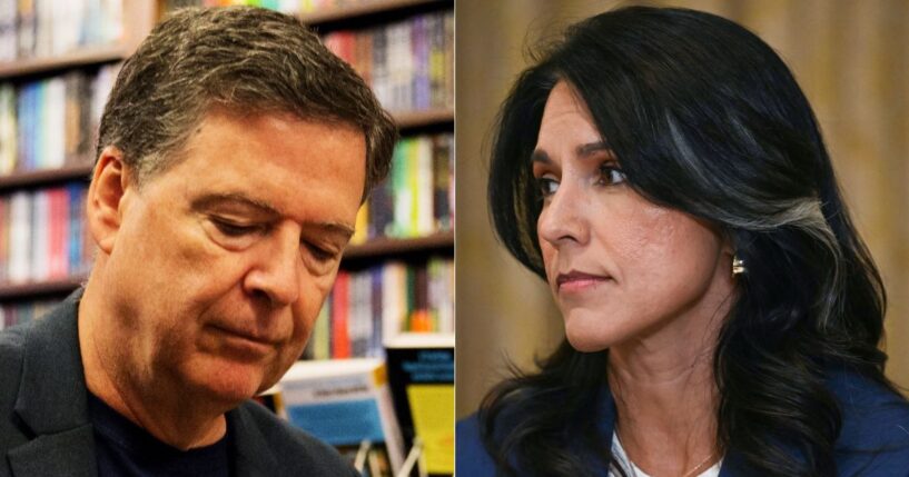 Documents released by Direction of National Intelligence Tulsi Gabbard, right, last week demonstrated how FBI Director James Comey, left, and other Obama intelligence officials viewed Russian interference in the 2016 race between Donald Trump and Hillary Clinton.