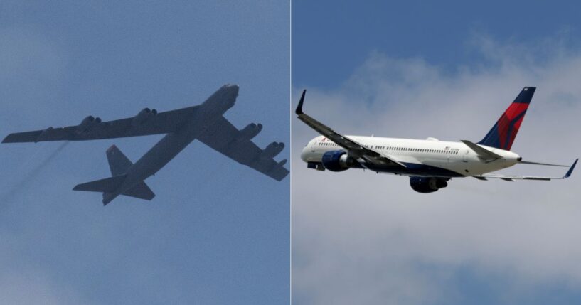 On Friday, a Delta airplane, right, landing in Minot, North Dakota, had to pull an "aggressive maneuver" to avoid colliding with an Air Force B-52, left.