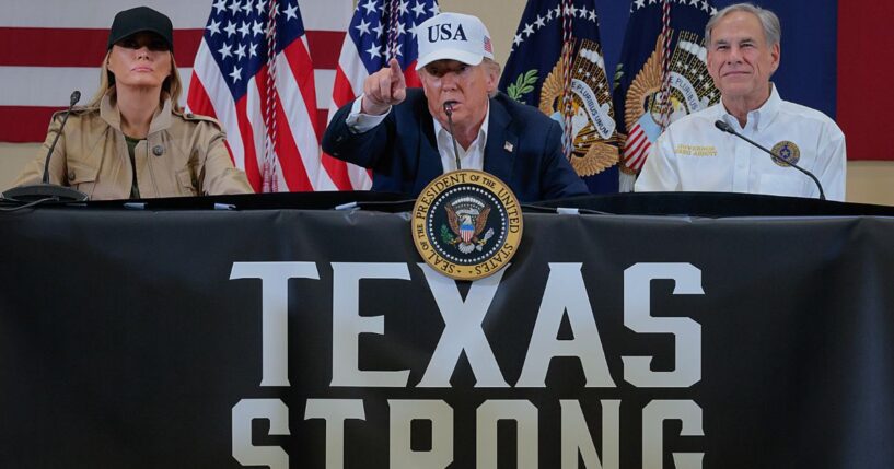 President Donald Trump, first lady Melania Trump and Texas Gov. Greg Abbott participate in a round table event at the Hill Country Youth Event Center to discuss last week's flash flooding in Kerrville, Texas, which killed 120 people.