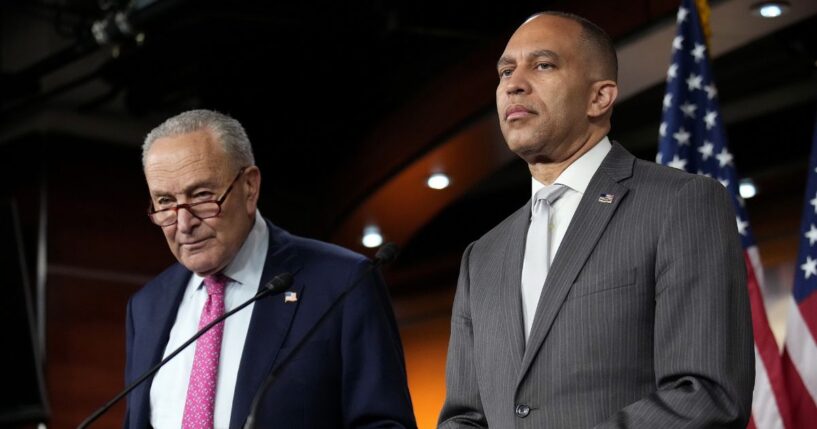 Senate Minority Leader Charles Schumer and House Minority Leader Hakeem Jeffries speak at a news conference at the U.S. Capitol in Washington, D.C., on June 11.