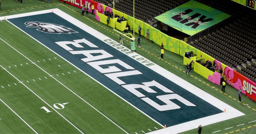 A "Choose Love" logo is seen in the Eagles end zone before Super Bowl LIX between the Kansas City Chiefs and Philadelphia Eagles in New Orleans, Louisiana, on Feb. 9. (
