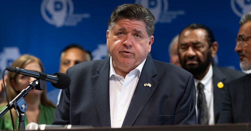 Gov. JB Pritzker, an Illinois Democrat, speaks during a news conference with Texas Democrats Aug. 5 in Aurora, Illinois.
