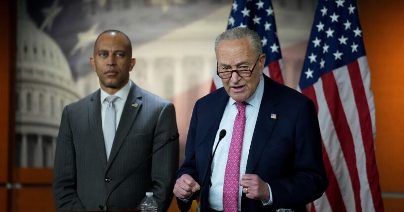Senate Minority Leader Charles Schumer, a Democrat from New York, and House Minority Leader Hakeem Jeffries, a Democrat from New York, speak at a press conference at the U.S. Capitol on June 11, 2025, in Washington, D.C.