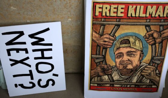Signs used by anti-Trump protestors to support the freeing of alleged abuser and alleged terrorist Kilmar Abrego Garcia outside the U.S. District Court for Maryland in Greenbelt, Maryland, on July 10, 2025.