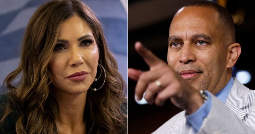 House Minority Leader Hakeem Jeffries, right, said, if Democrats retake the House in 2026, Homeland Security Secretary Kristi Noem, left, would be brought before the Oversight and Government Reform Committee.