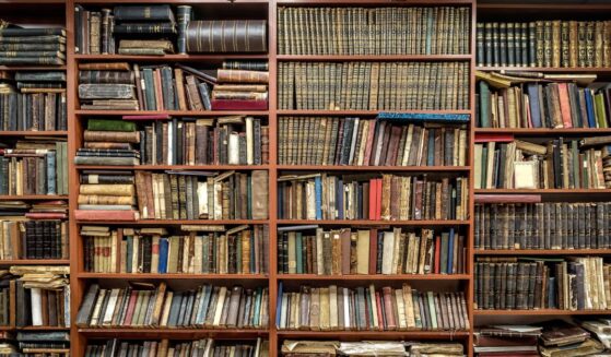 Old books on shelves.