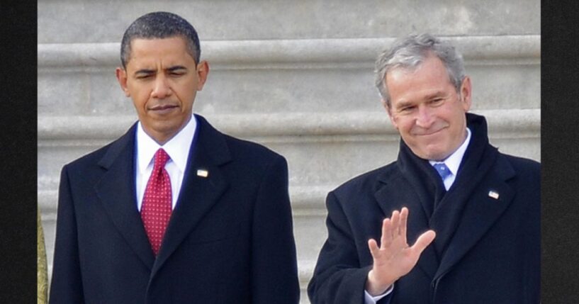 Former President George W. Bush, right, is seen with newly inaugurated President Barack Obama in Washington, D.C., on Jan. 20, 2009.