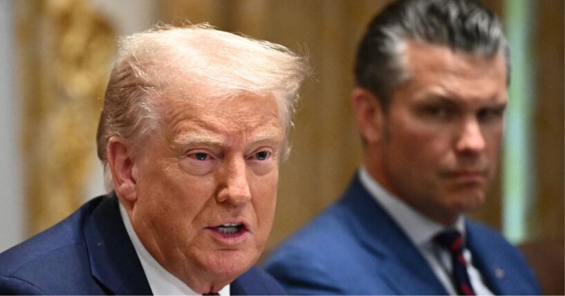 President Donald Trump, left, speaks while Defense Secretary Pete Hegseth, right, looks on during a cabinet meeting in the Cabinet Room of the White House in Washington, D.C., on Tuesday.