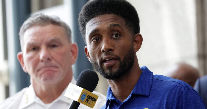 Baltimore Mayor Brandon Scott speaks during a news conference at the police headquarters on July 3, 2023, in Baltimore, Maryland.