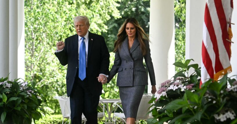 President Donald Trump and First Lady Melania Trump arrive for a bill signing ceremony for the "Take It Down Act" in the Rose Garden of the White House in Washington, D.C., on May 19, 2025.