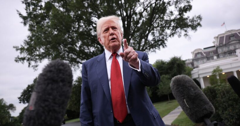 President Donald Trump speaks to the media as he departs the White House on Aug. 1, 2025, in Washington, D.C.