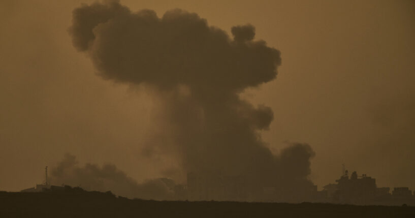 Smoke rises to the sky following an Israeli military strike in the Gaza Strip, as seen from southern Israel on Monday, Sept. 15, 2025.