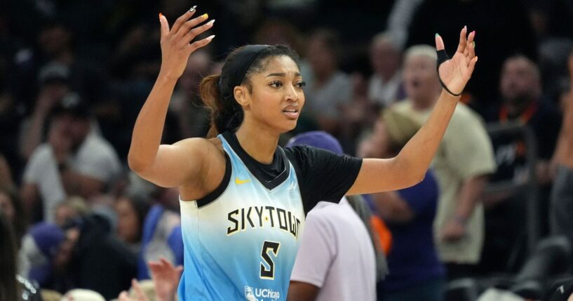 Chicago Sky forward Angel Reese walks to the bench during the second half of a WNBA basketball game against the Phoenix Mercury in Phoenix, Arizona, on Aug. 28.