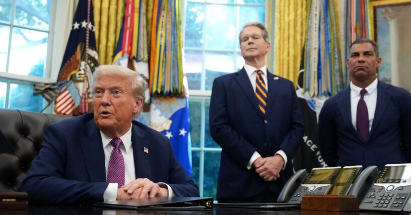 President Donald Trump speaks to the media while announcing plans to host the 2026 G20 summit in Miami, Florida, as Treasury Secretary Scott Bessent and Miami Mayor Francis Suarez look on during a press availability in the Oval Office of the White House on Sept. 5, 2025, in Washington, D.C.