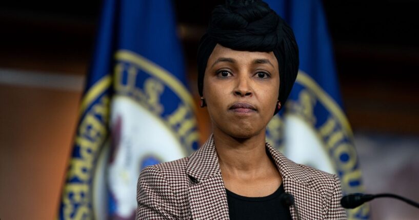 Rep. Ilhan Omar, a Democrat from Minnesota, looks on during a news conference on reintroducing the Neighbors Not Enemies Act on Capitol Hill on Jan. 22, 2025, in Washington, D.C.