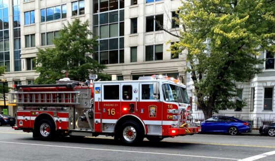 A fire engine on Oct. 19, 2022, at the corner of Massachusetts Ave. NW and 13th St. NW, in Washington, D.C.