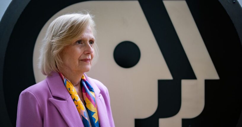 PBS CEO Paula Kerger poses for a portrait at the PBS headquarters in Arlington, Virginia, on July 14, 2025.
