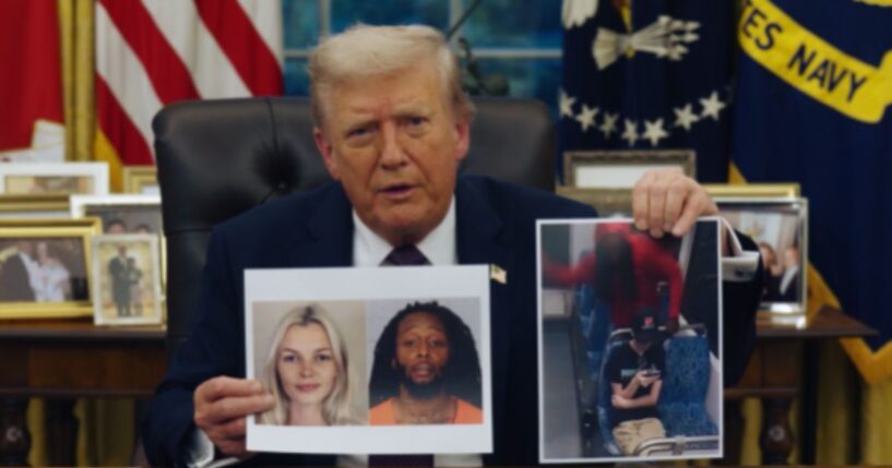 President Donald Trump holds up pictures related to the Aug. 22, 2025, slaying of Iryna Zarutska on a train car in Charlotte, North Carolina.