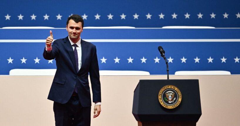 American media personality Charlie Kirk gives a thumbs up as he arrives to speak during the presidential inaugural parade inside Capitol One Arena, in Washington, D.C., on Jan. 20, 2025.