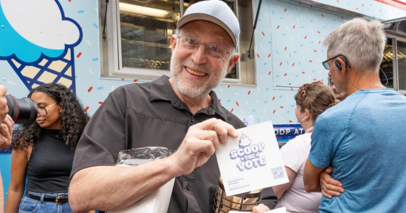 Jerry Greenfield, co-founder of Ben & Jerry’s, partnered with MoveOn to hand out free ice cream at Franklin Square in Philadelphi, Pennsylvania, a during their Scoop The Vote tour to get people to vote for Vice President Kamala Harris and Democrats on Sept. 16, 2024.
