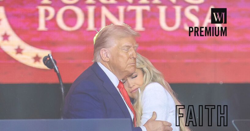 Erika Kirk joins President Donald Trump onstage during the memorial service for conservative activist Charlie Kirk at State Farm Stadium on Sept. 21, 2025, in Glendale, Arizona.