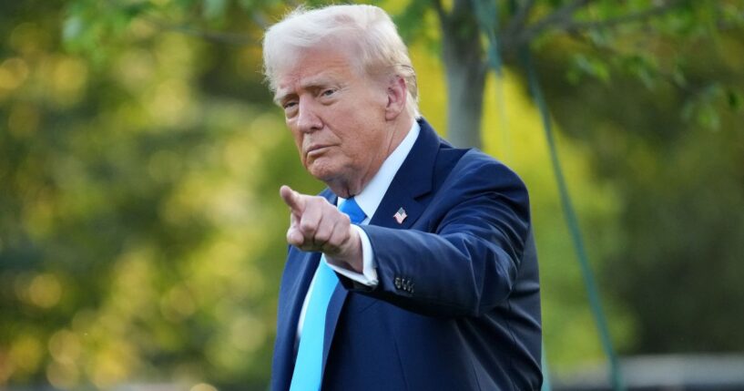 President Donald Trump gestures as he departs the White House in Washington, D.C., on Monday.