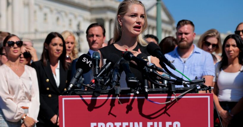 Survivor Anouska De Georgiou speaks during a news conference with alleged victims of disgraced financier and sex trafficker Jeffrey Epstein outside the U.S. Capitol in Washington, D.C., on Wednesday.