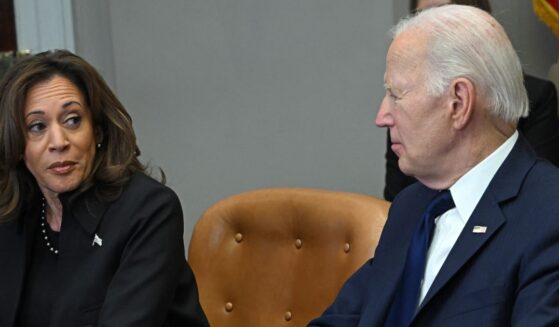 Then-Vice President Kamala Harris looks at then-President Joe Biden as they speak about the Los Angeles fires in the Roosevelt Room of the White House in Washington, D.C., on Jan. 9.