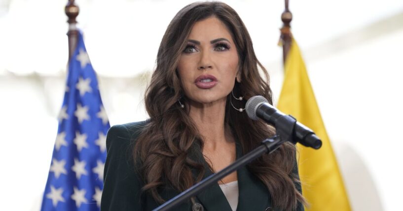 Homeland Security Secretary Kristi Noem speaks during a press briefing with Ecuador's Minister of Interior John Reinberg at the Ecuadorian Presidential Palace in Quito, Ecuador, on July 31.