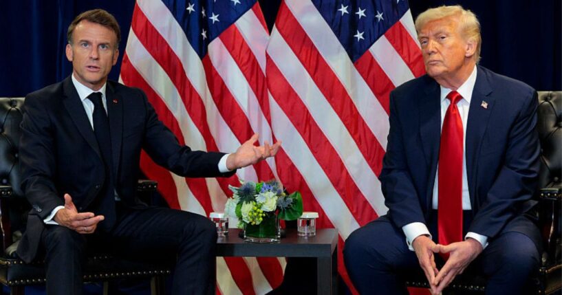 French President Emmanuel Macron , left, speaks Tuesday during a bilateral meeting with President Donald Trump at the 80th session of the UN’s General Assembly at the United Nations headquarters in New York City.
