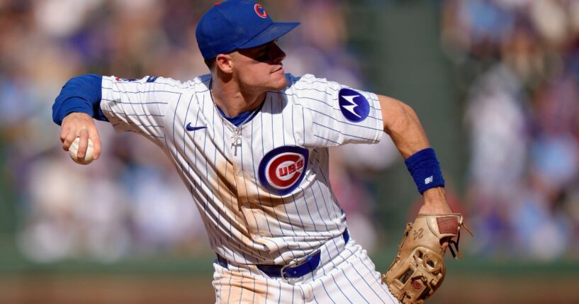Matt Shaw of the Chicago Cubs makes a throw at third base in a game against the Tampa Bay Rays at Wrigley Field in Chicago, Illinois, on Sept. 14.