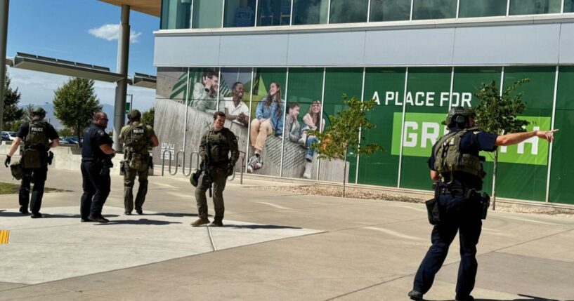Police working on the Utah Valley University campus in Orem, Utah, on Sept. 10, 2025.