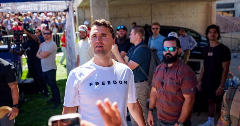 Charlie Kirk speaks on the Utah Valley University campus on Sept. 10, 2025, just before his assassination in Orem, Utah.