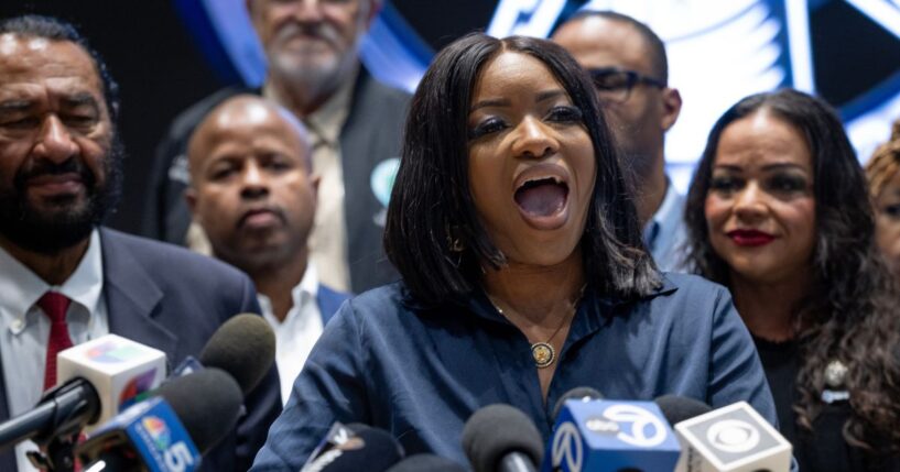 Rep. Jasmine Crockett of Texas speaks at a news conference in Warrenville, Illinois, on Aug. 4, 2025.